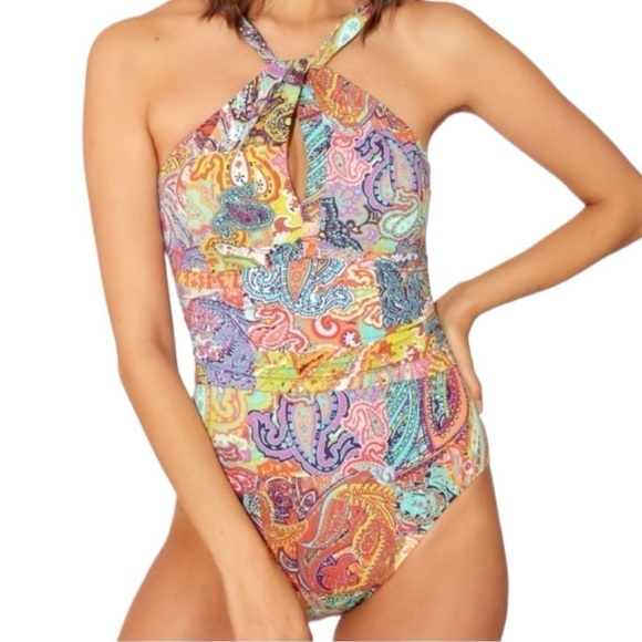 New! Bleu Rod Beattie‎ Paisley-Print Halterneck One-Piece Swimsuit - Picture 1 of 8